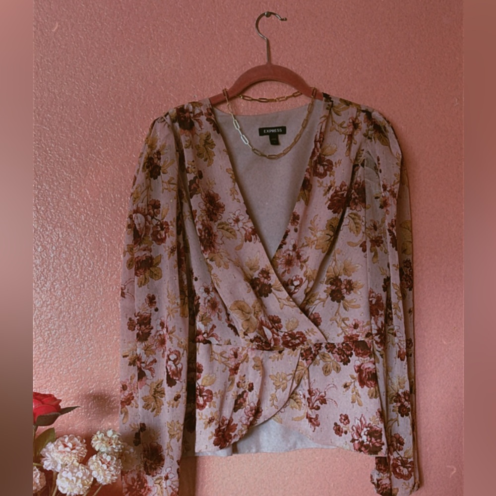 Express pink floral wrap front blouse